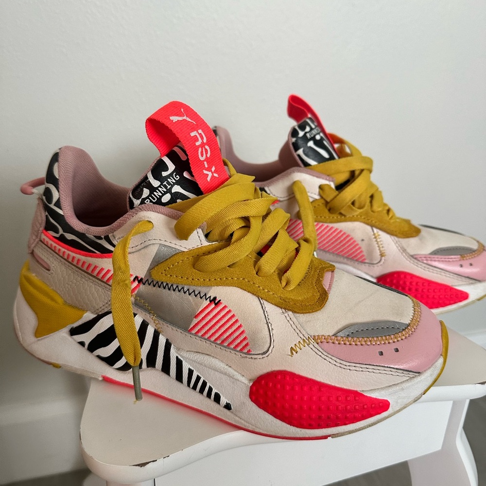 Animal, mustard, pale pink and hot pinkish/orange puma sized 7.5 (but small 7.5)